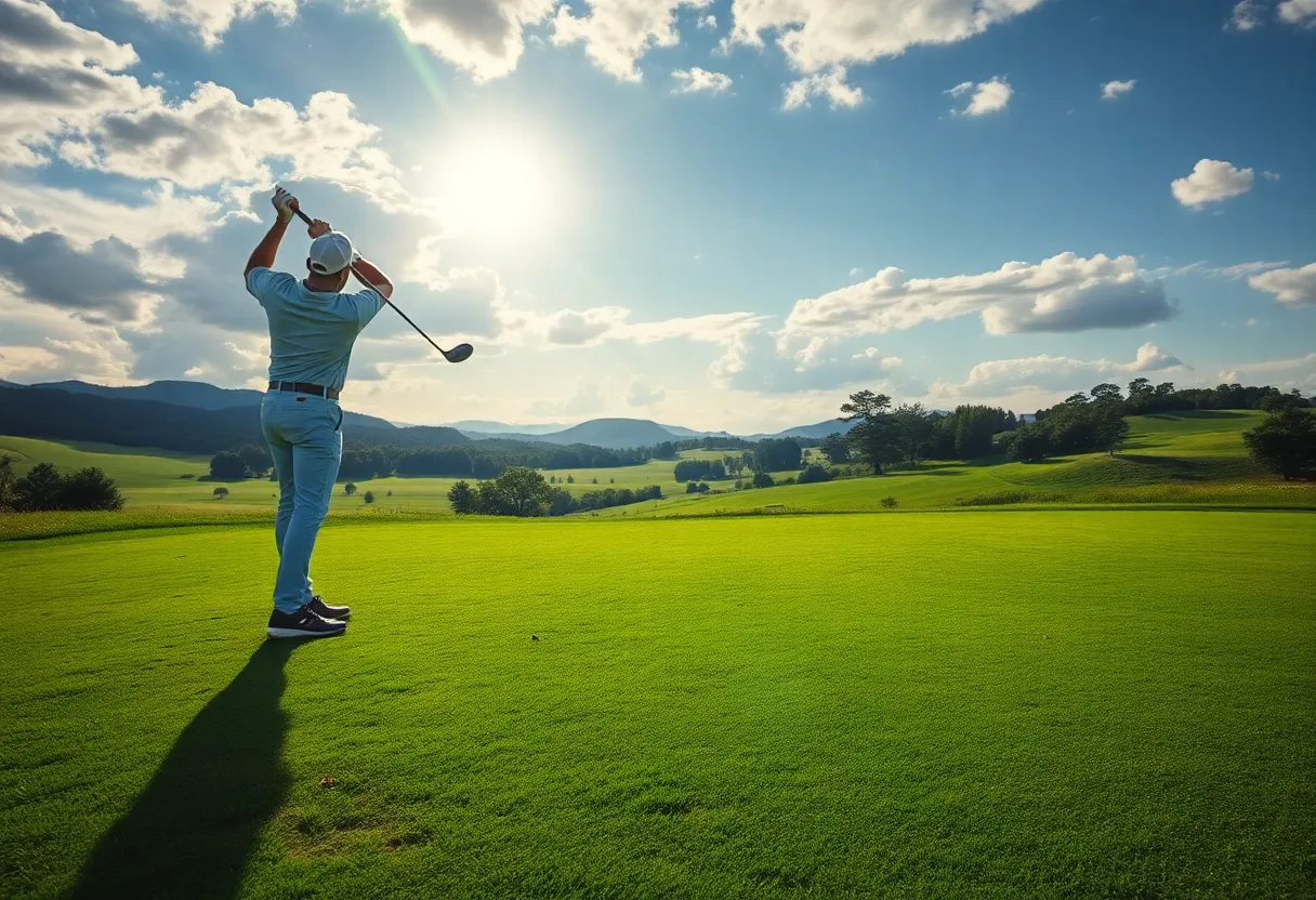 A golfer practicing on a scenic golf course during sunset.