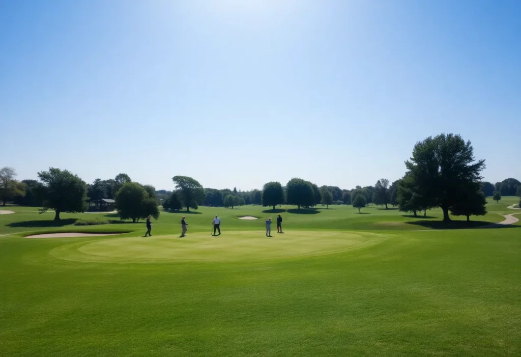 Players enjoying a round on a nine-hole golf course surrounded by trees.