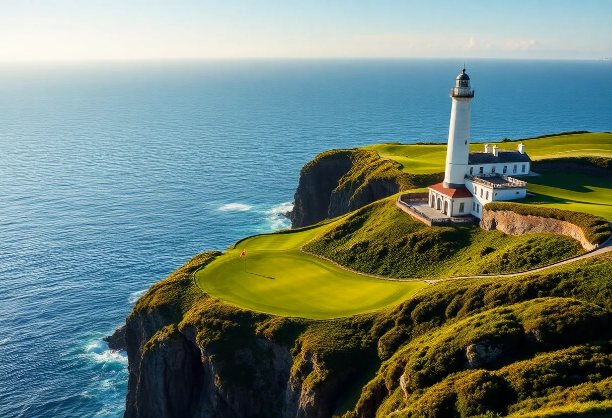 Scenic view of Old Head Golf Course with cliffside and ocean