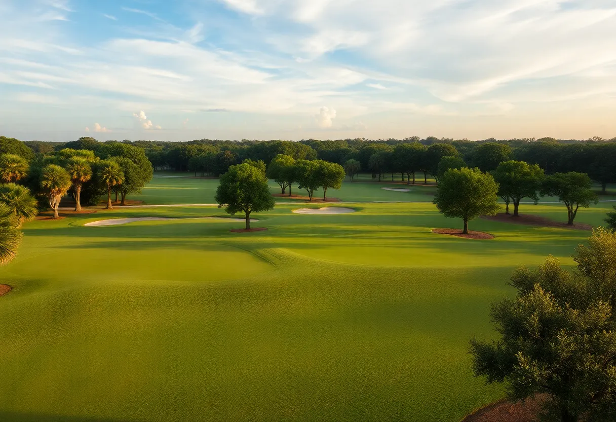 Scenic view of a public golf course in Orlando with green fairways and blue skies