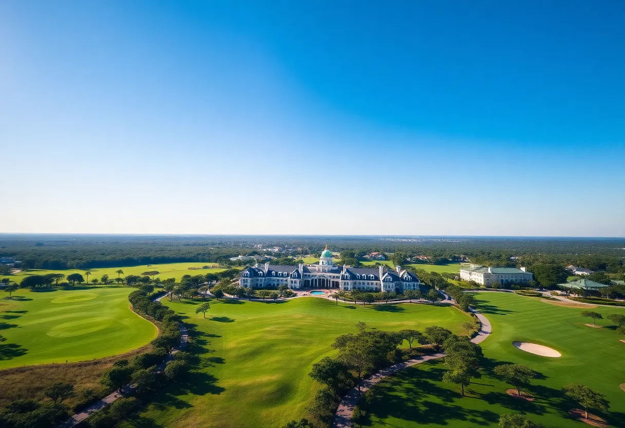 Aerial view of PGA National Resort and Spa showcasing golf courses and landscaping.