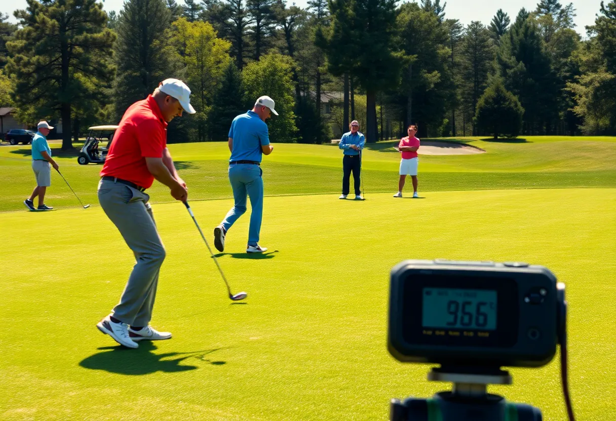 Golfers on a course utilizing distance-measuring devices for quicker play.