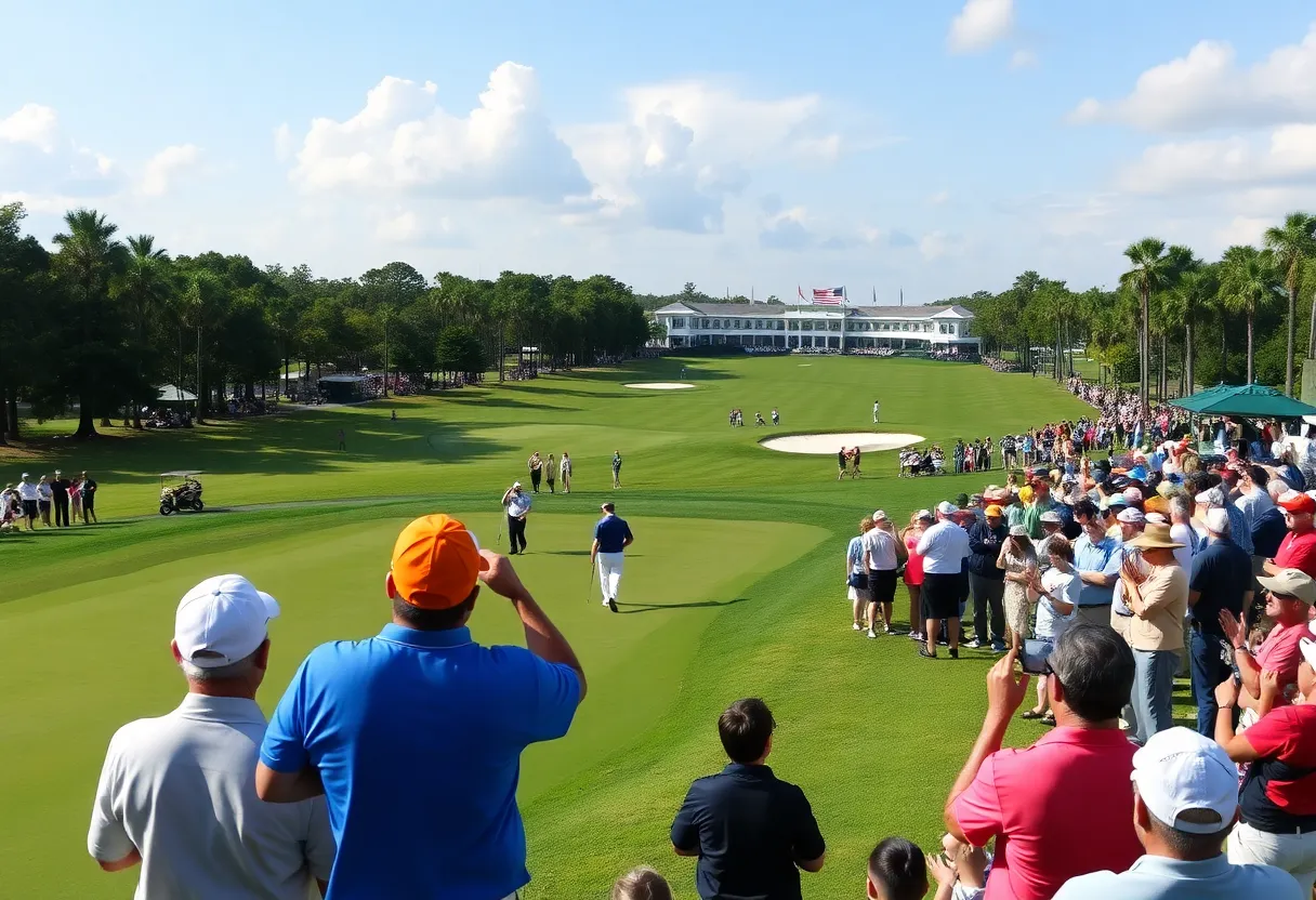 Golf tournament at TPC Sawgrass featuring spectators and players.