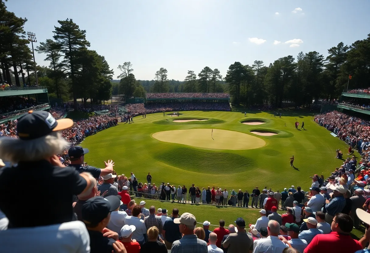 A vibrant golf course scene during a championship with players in action.