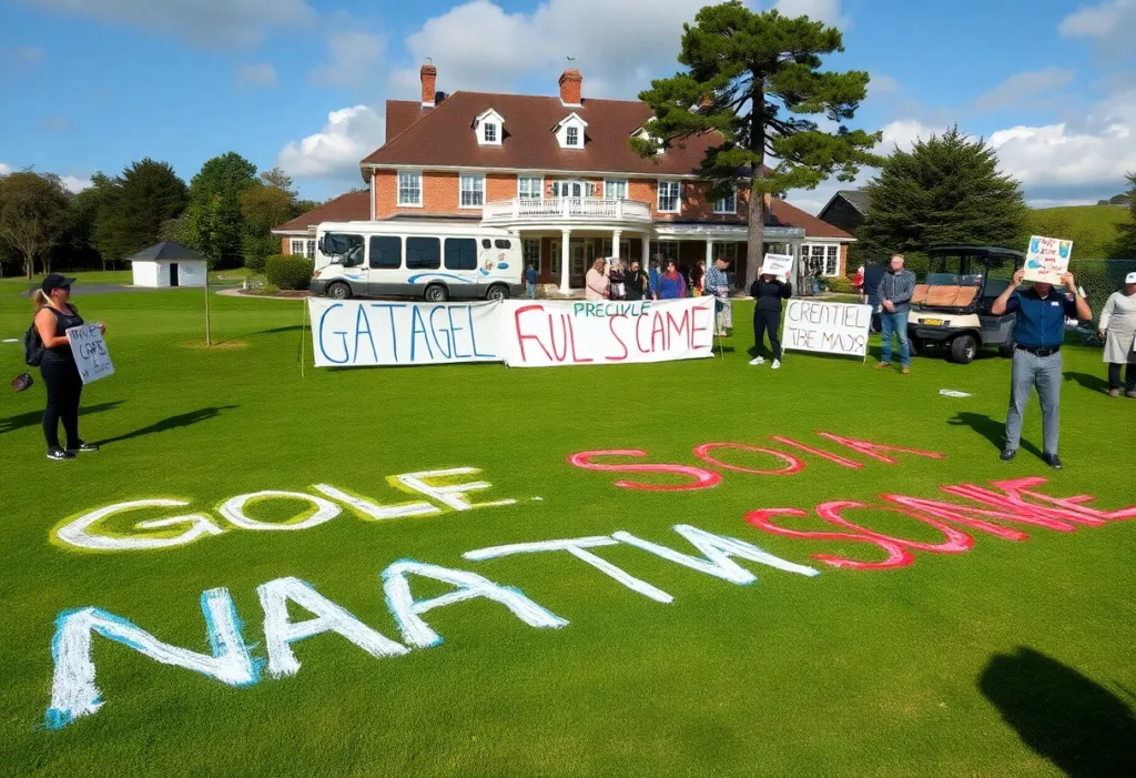 Pro-Palestinian activists painting messages on the golf course.