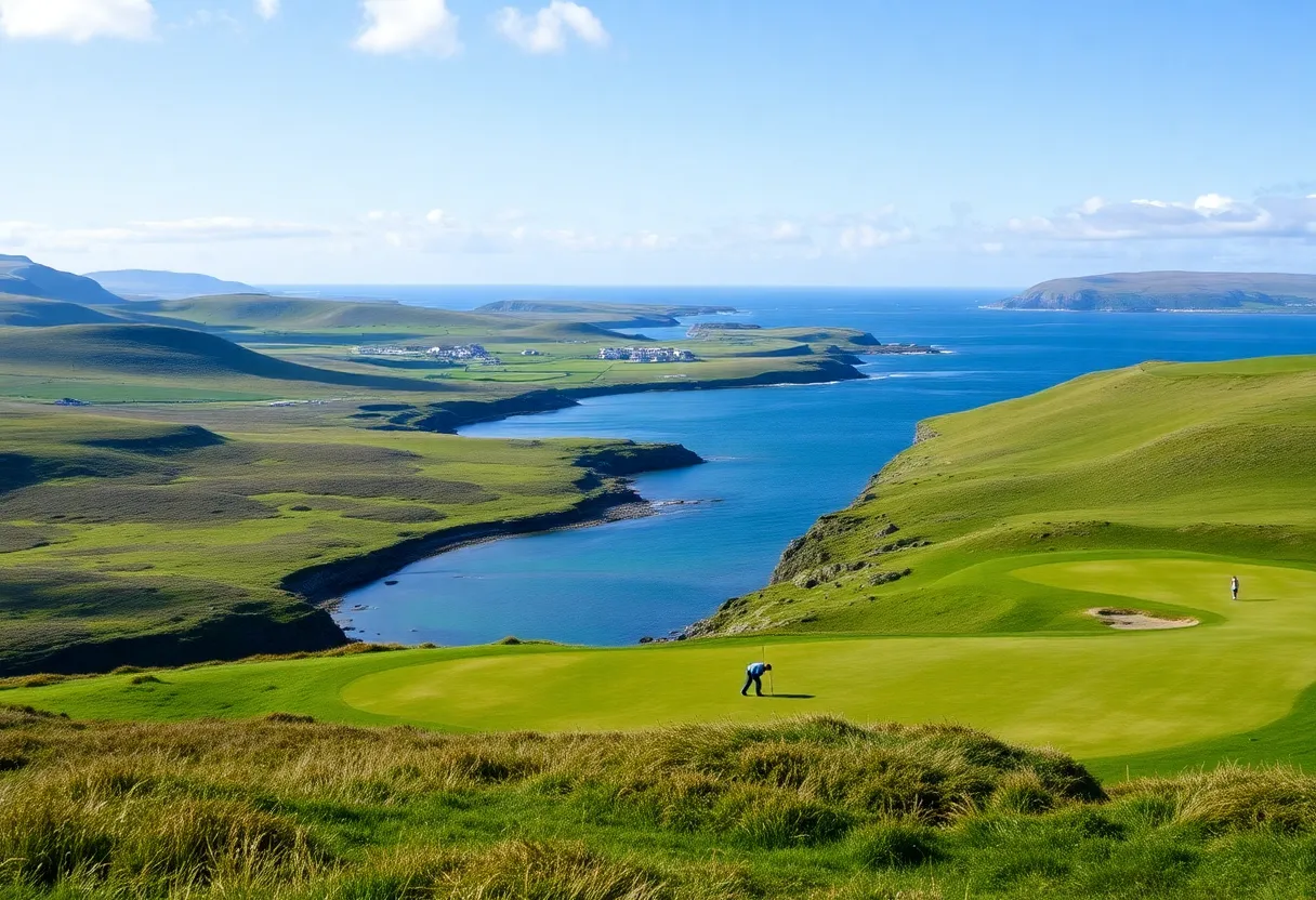 A picturesque golf course in Scotland with players on the green