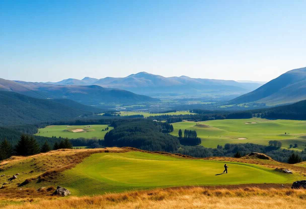 Golfers playing on a scenic Scottish Highlands golf course