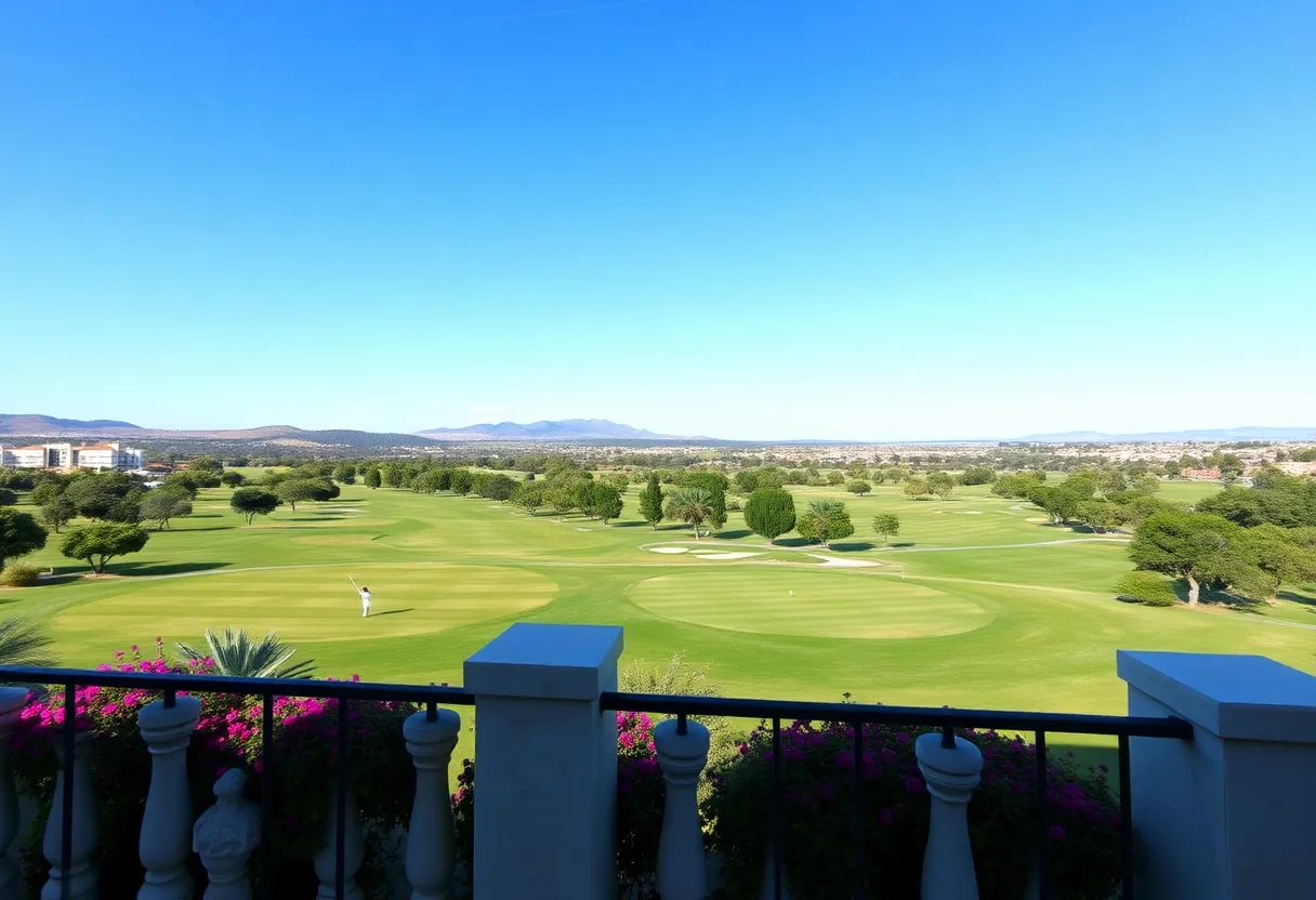 A scenic view of golf courses at Sotogrande during winter with sunny weather.