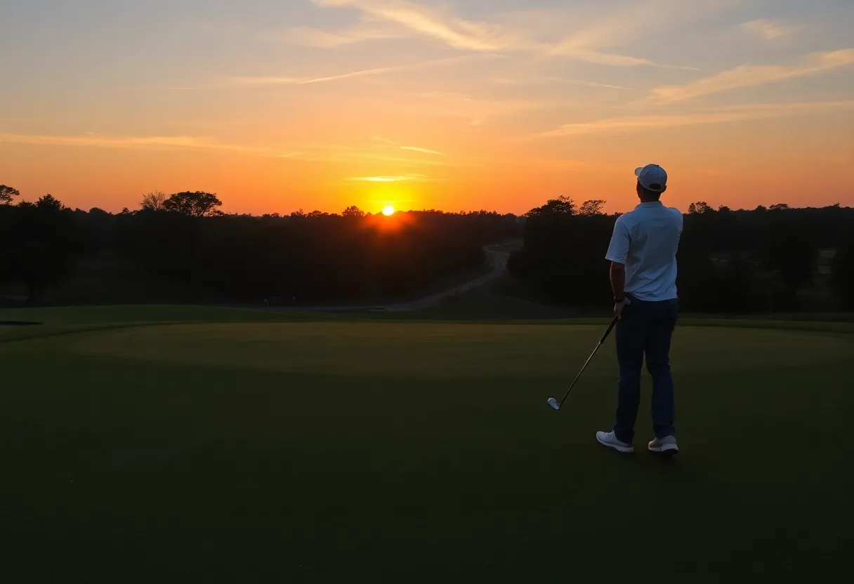 A tranquil golf course during sunset.
