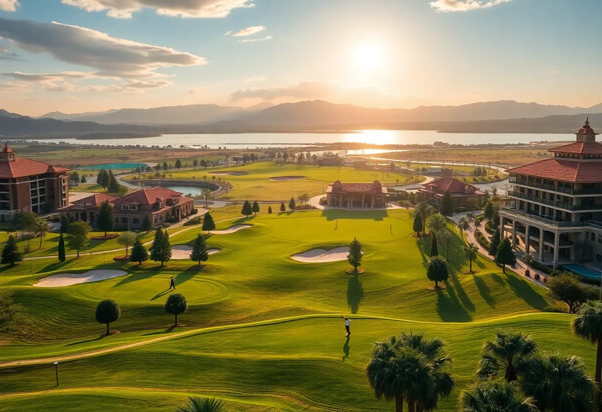 Luxury golf course with casino backdrop