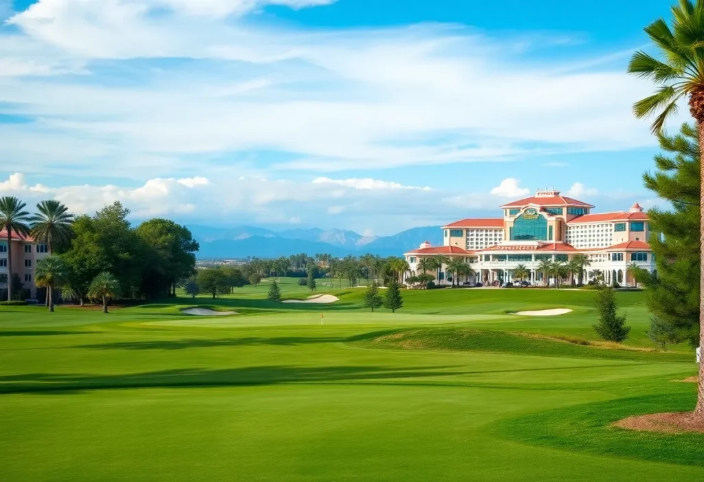 Golf course with a scenic view of a nearby casino.
