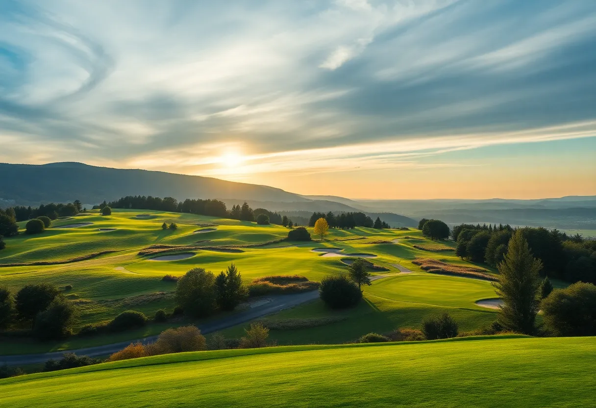 A scenic golf course in Continental Europe with lush greenery.