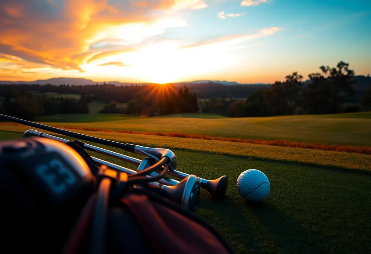 Golf course with golf clubs and ball at sunset