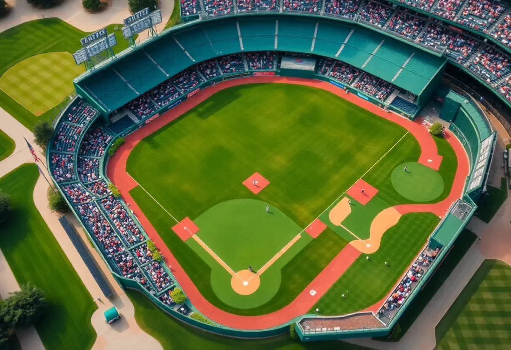 Golfers playing on a nine-hole course at Wrigley Field.