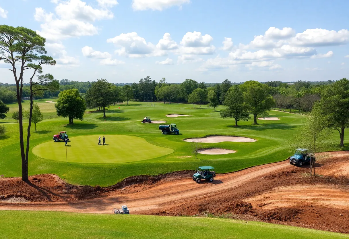 Workers renovating the Whispering Pines Golf Club course