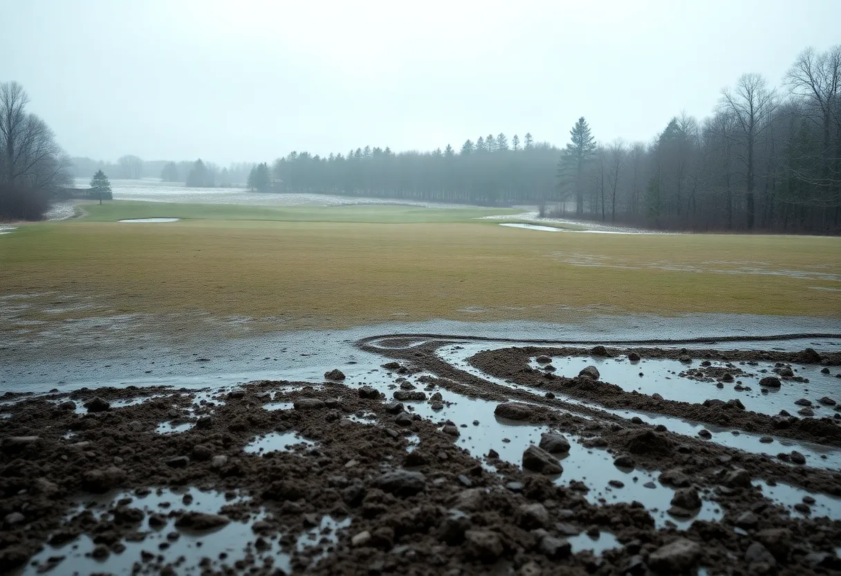 Winter golf course with poor conditions caused by wet weather
