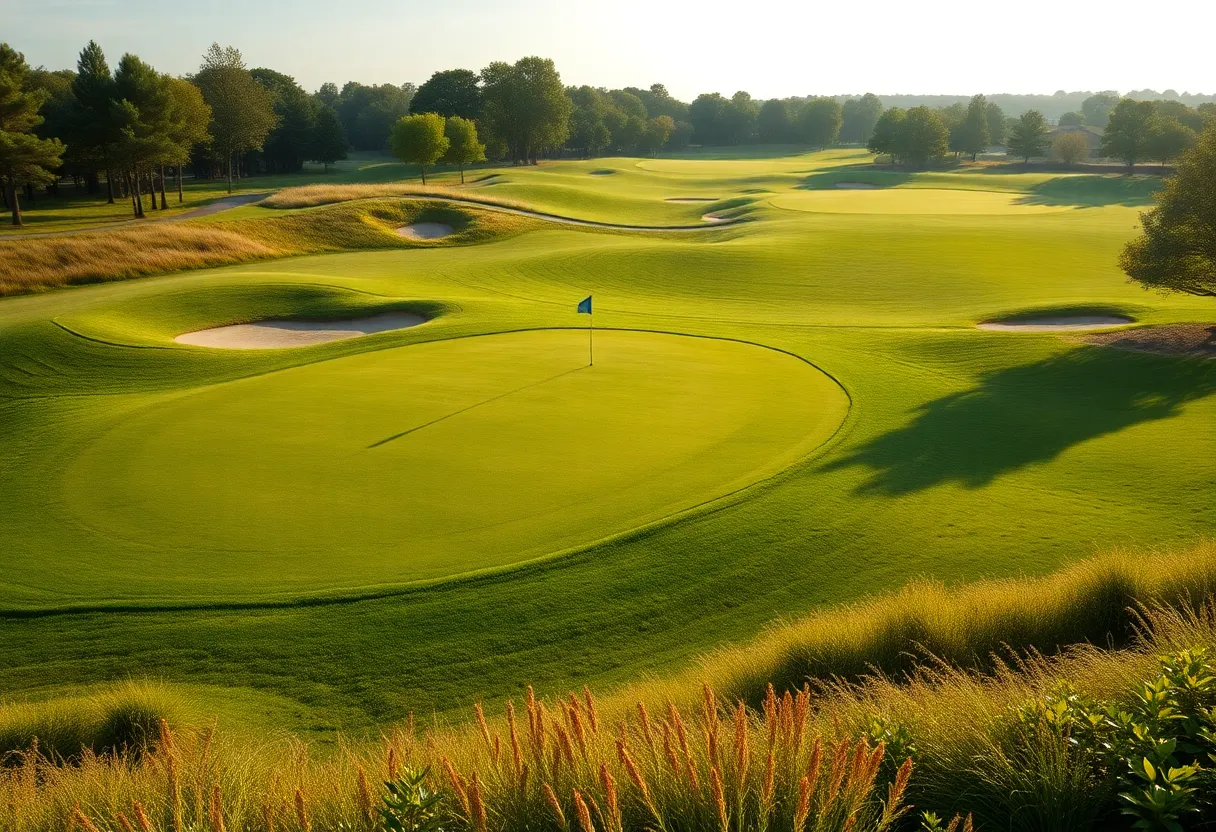 Aerial view of Yas Links golf course with lush greens