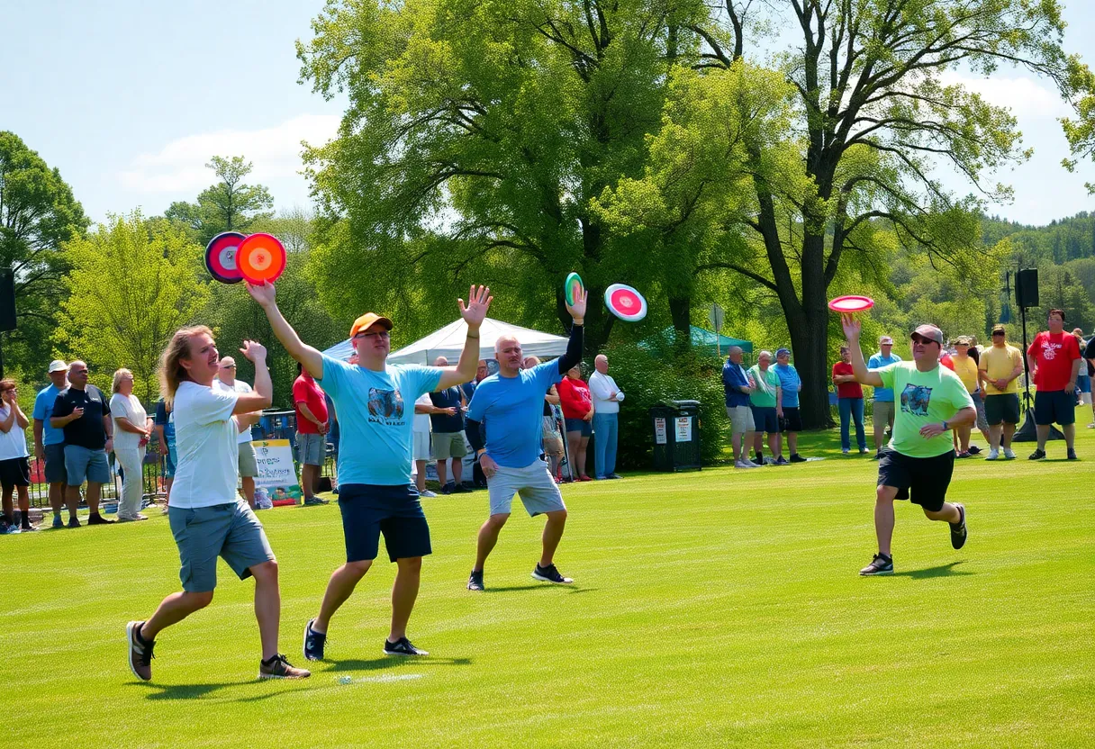 Disc golf players competing at the 2025 MVP Open at Austin, with spectators in the background.