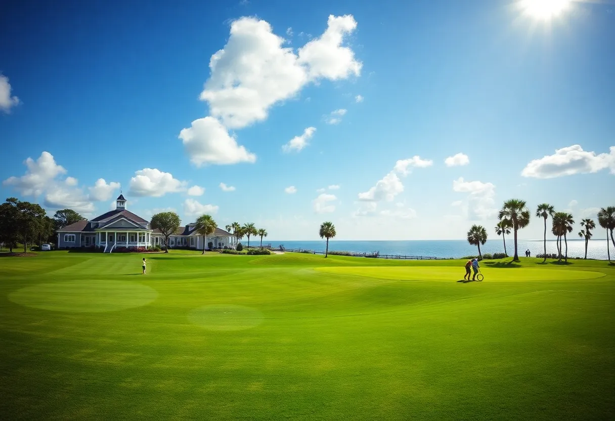 Scenic view of an Alabama golf course with golfers and a clubhouse