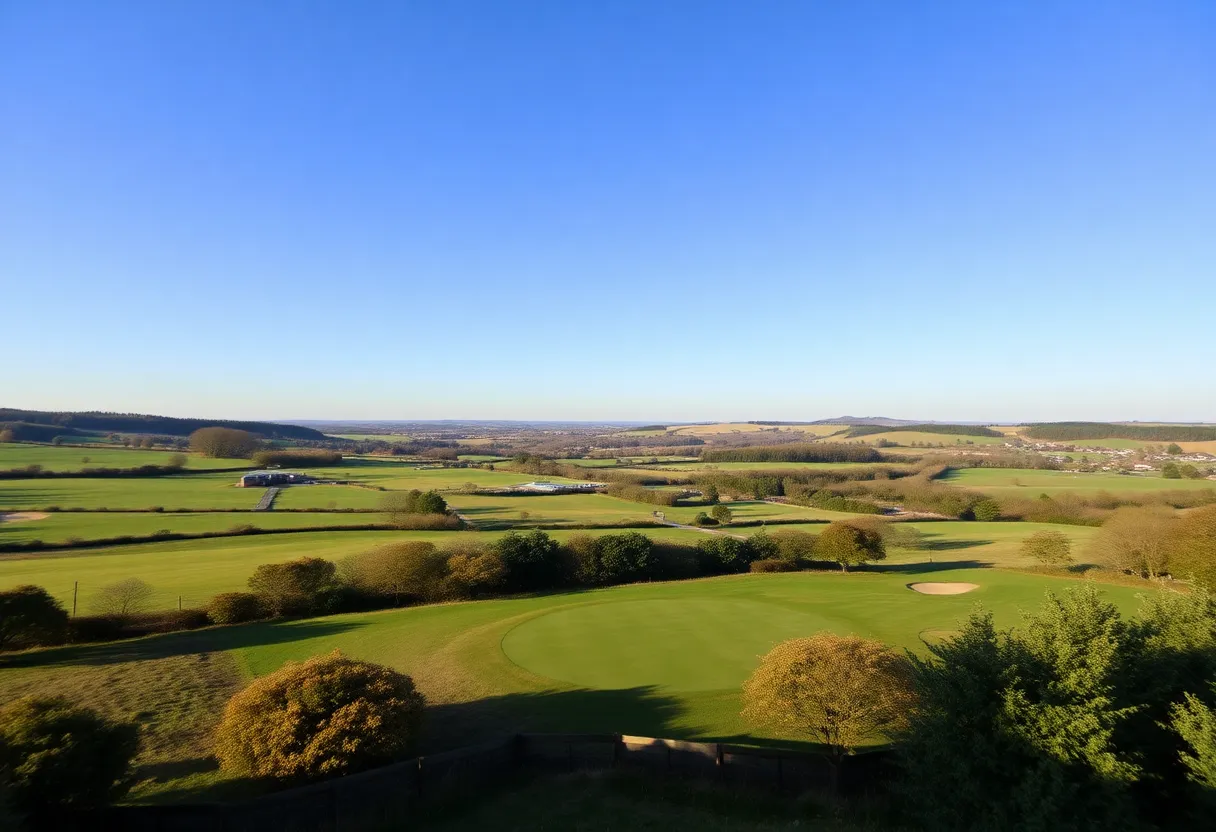 A scenic landscape of Alwoodley Golf Club surrounded by trees and blue sky.