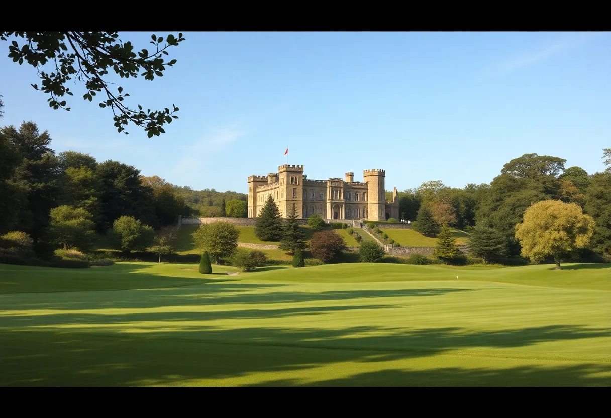 A panoramic view of Antognolla Golf Course with Antognolla Castle overlooking it.
