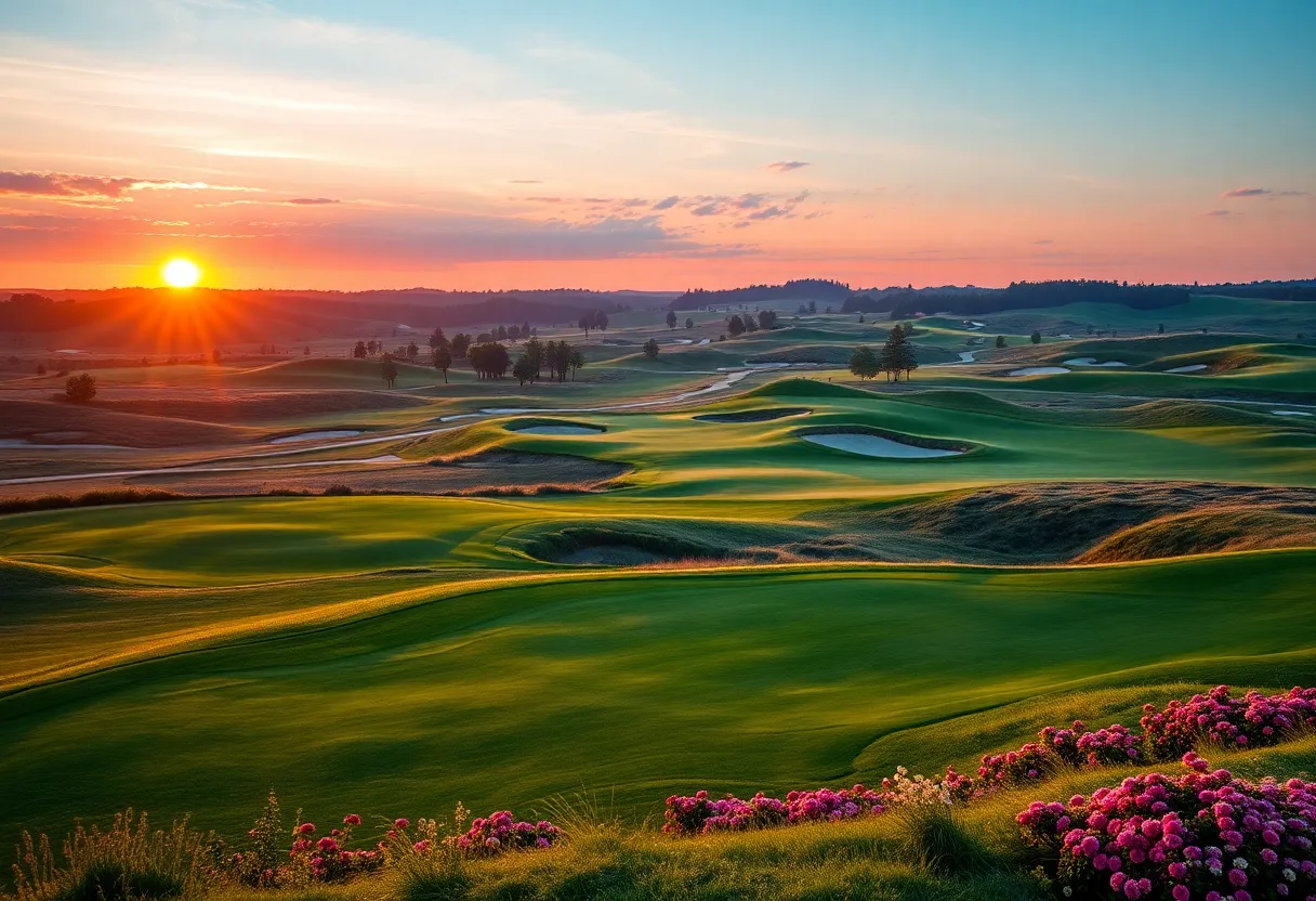 Scenic view of Augusta National Golf Course at sunset.