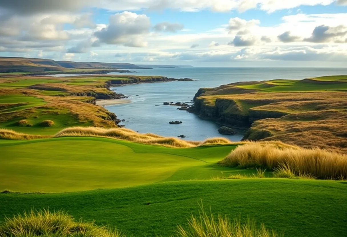 Scenic coastline golf course in Ireland with rolling dunes