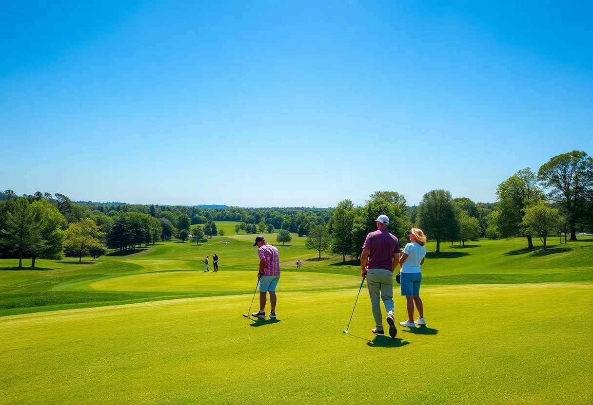 Golfers enjoying a budget-friendly trip on a sunny golf course.