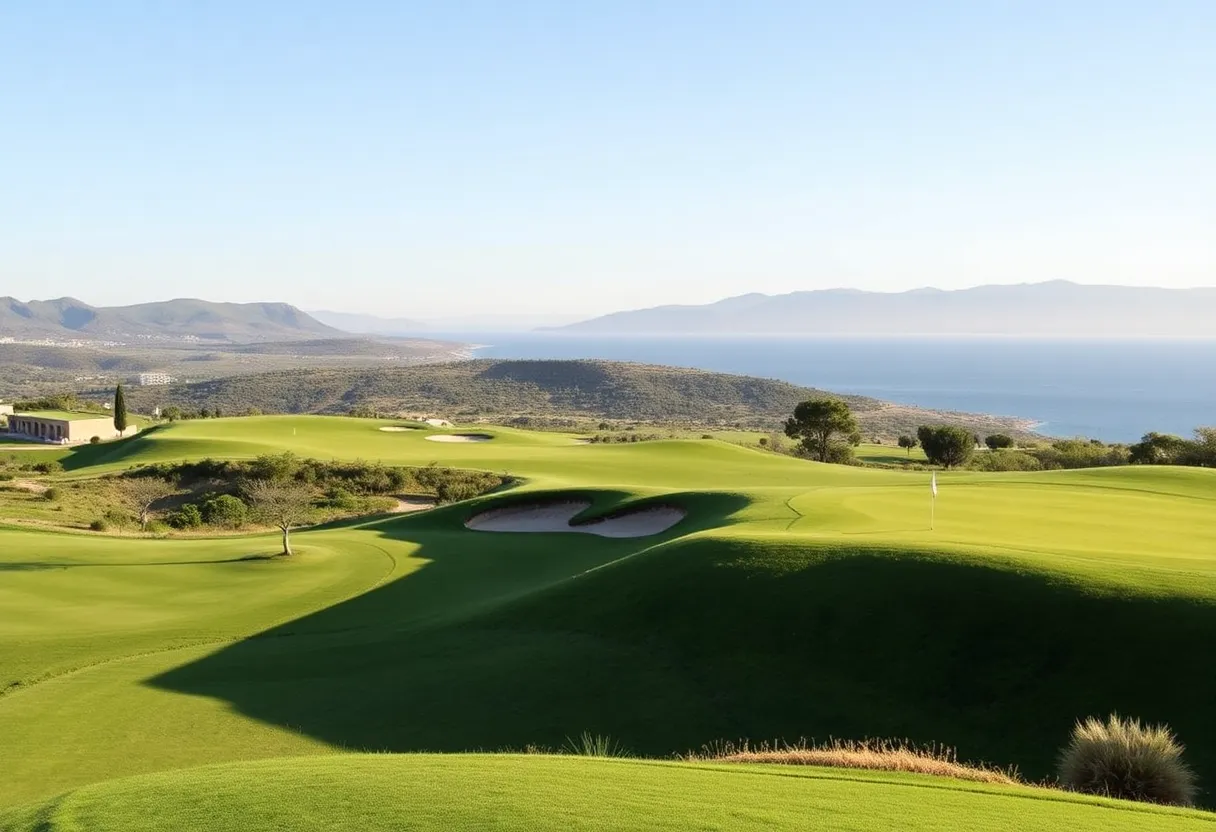 Costa Navarino golf course in the Peloponnese, featuring lush greens and beautiful landscapes.