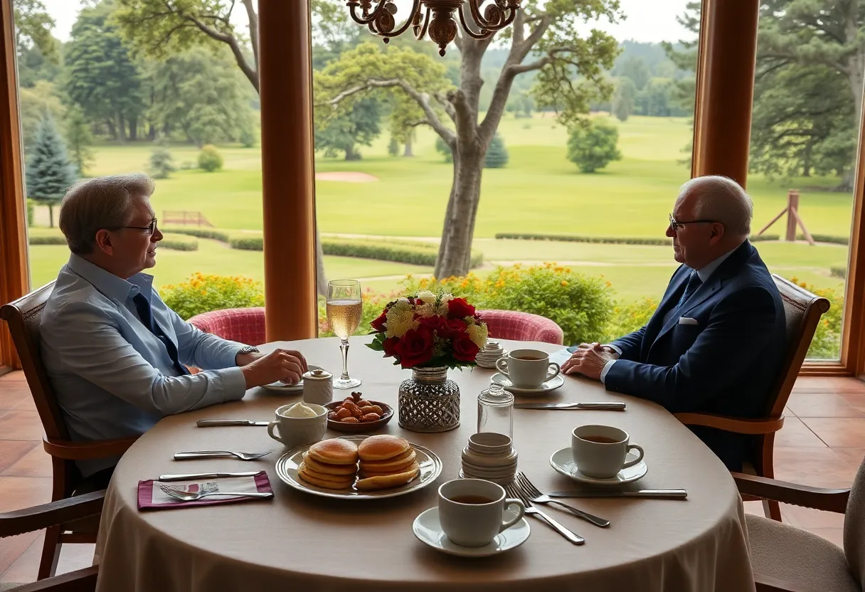 A breakfast table set for an informal diplomatic meeting with pancakes and coffee.