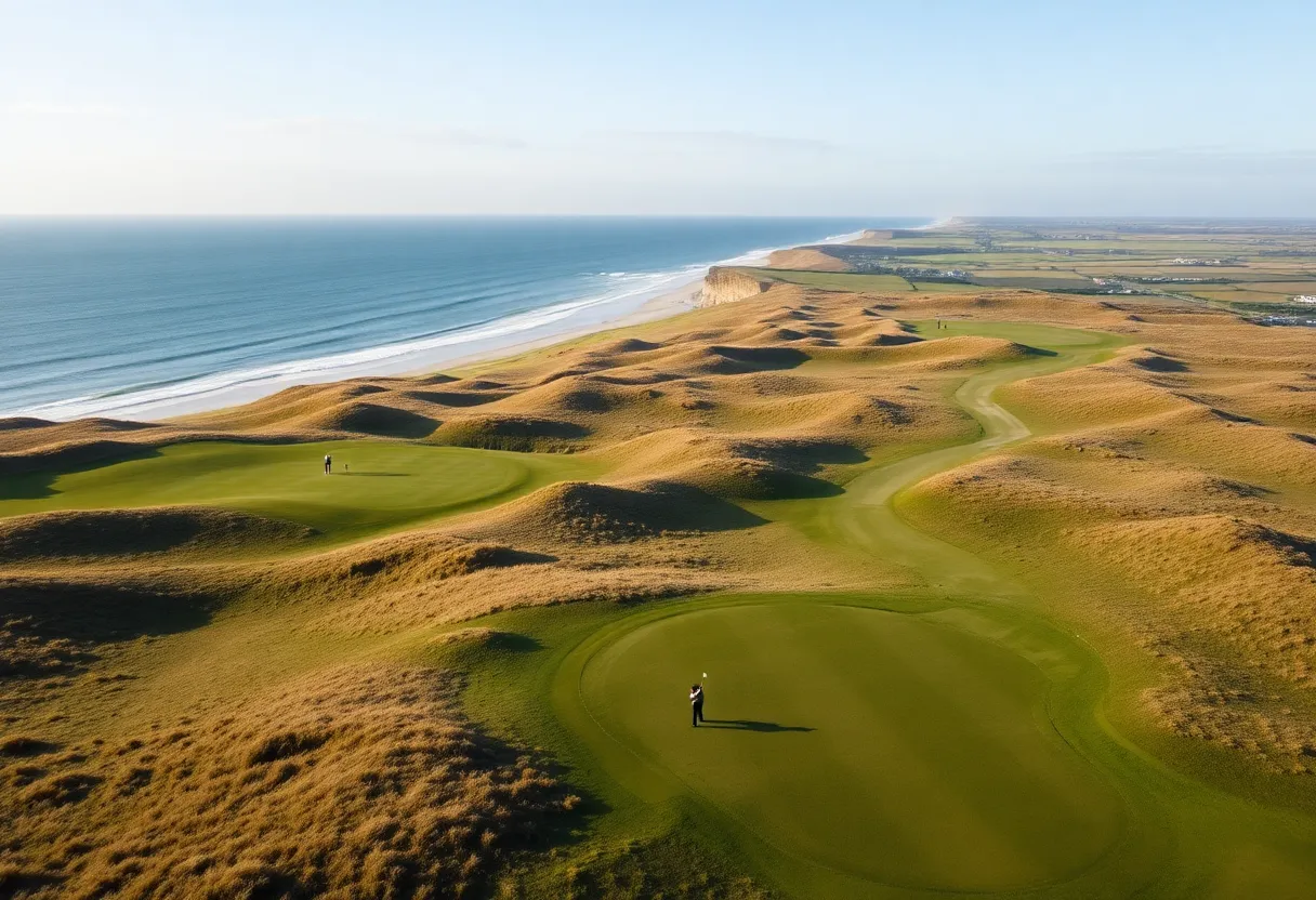 A breathtaking view of a links golf course in England with sandy terrain and ocean backdrop.