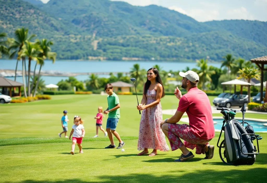 Family playing golf at a resort with children in a pool.