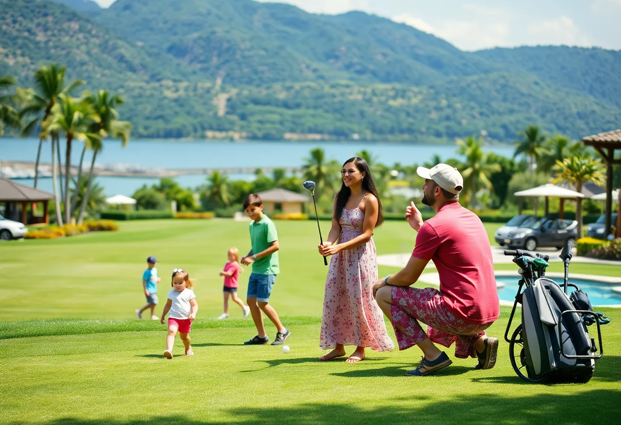 Family playing golf at a resort with children in a pool.