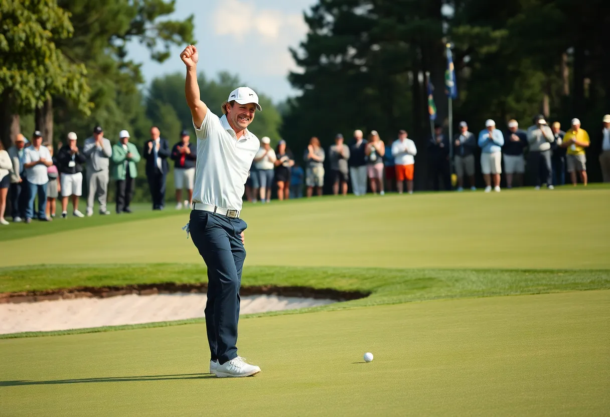 Golfer celebrating after sinking a long putt on a golf course