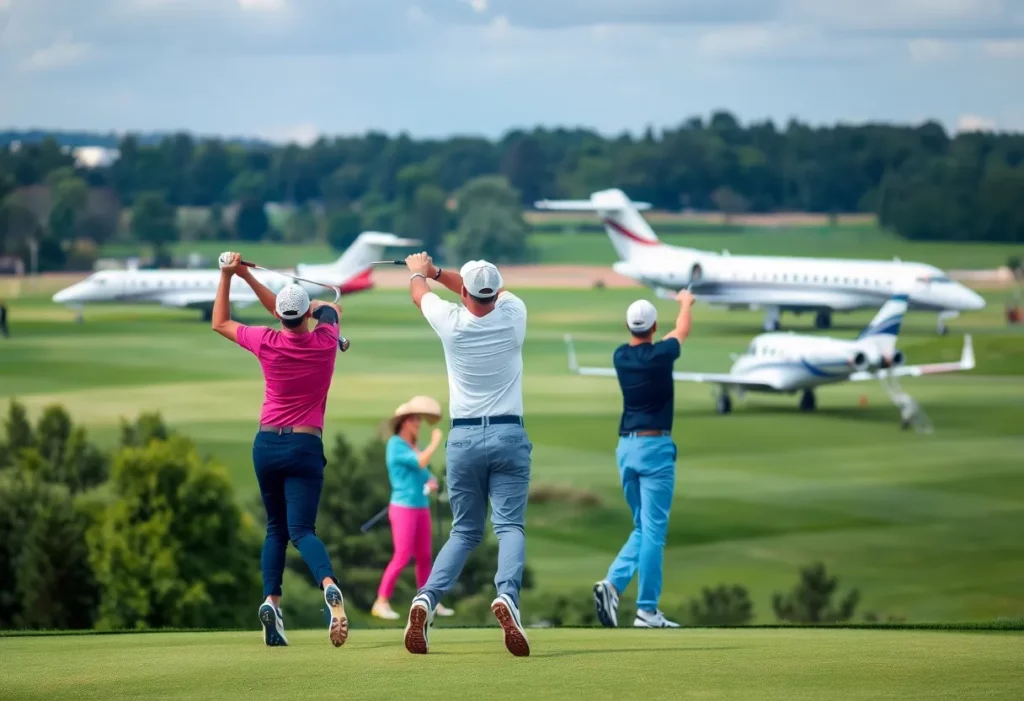 Golfers on a green course with luxury jets in the backdrop