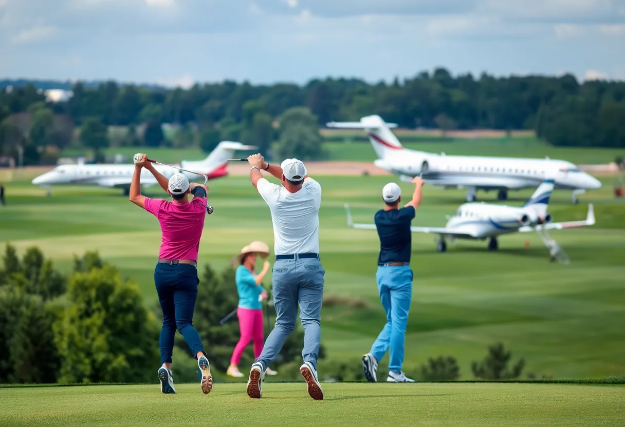Golfers on a green course with luxury jets in the backdrop