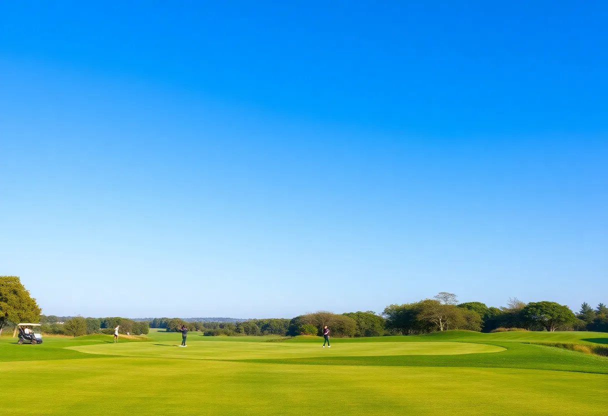A scenic view of a golf course with golfers playing.