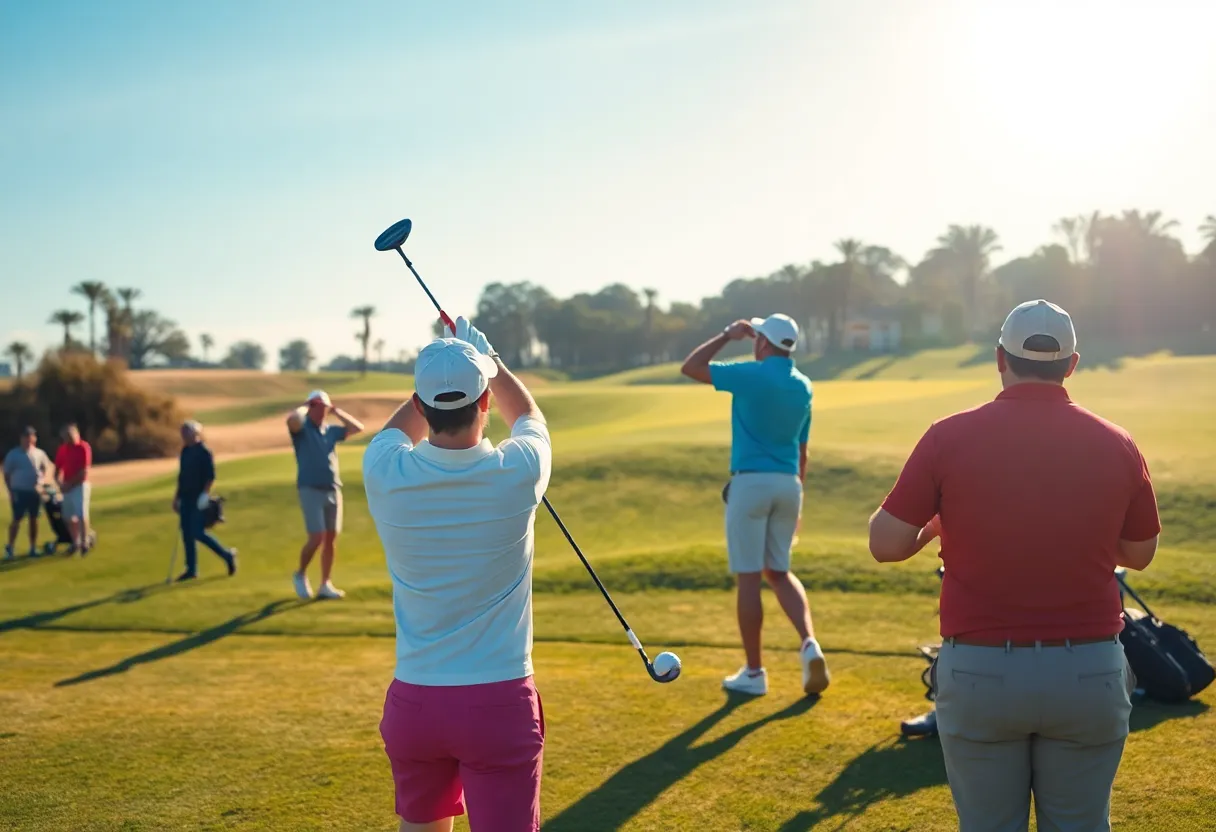 Golf course with players practicing
