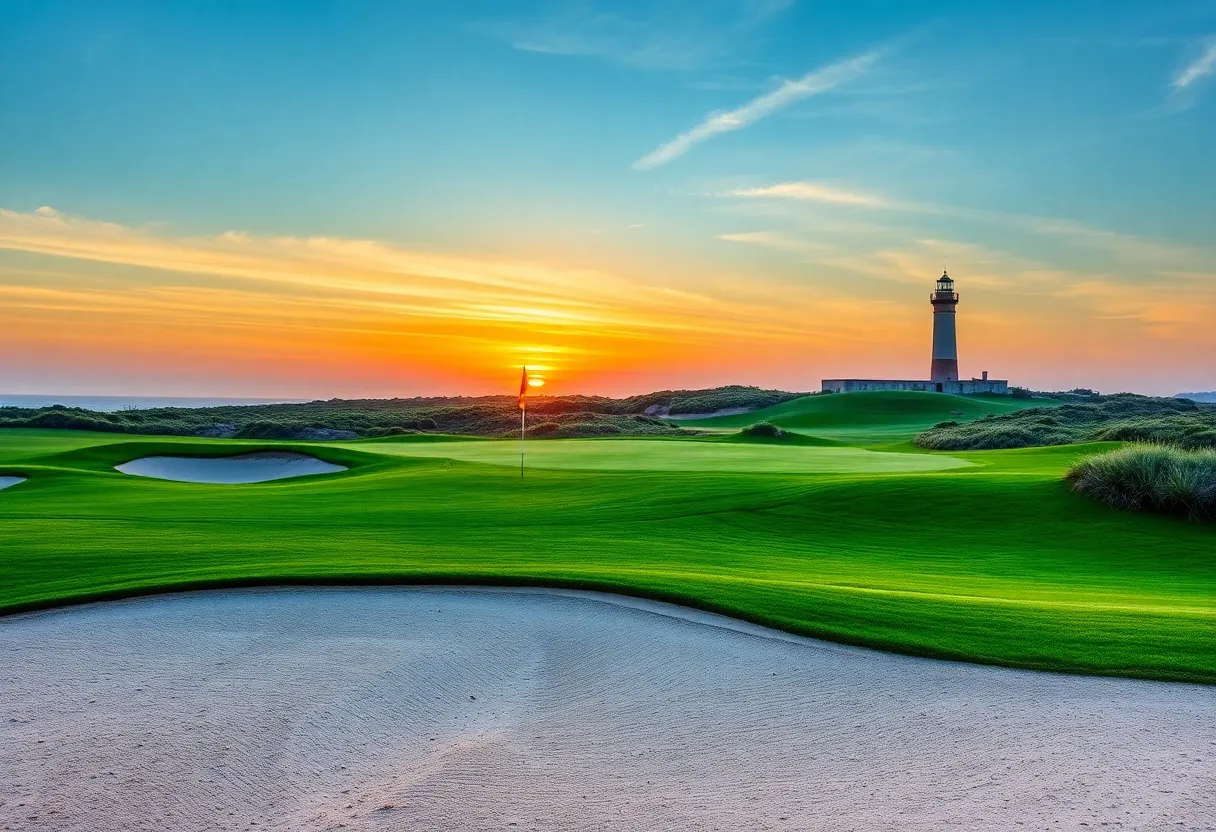 A beautifully landscaped golf course with a lighthouse against a sunset.