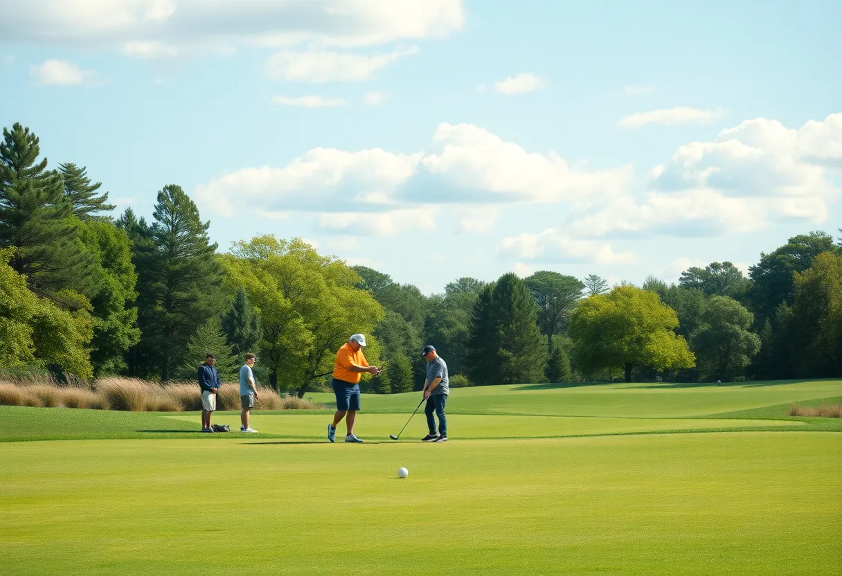 Golfers enjoying a sunny day on a golf course, focusing on health benefits.