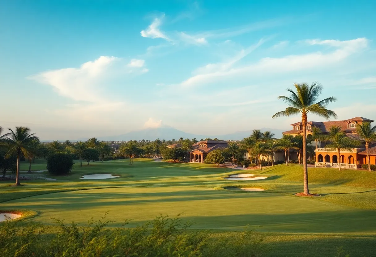 A picturesque golf resort featuring pristine greens and scenic palm trees.