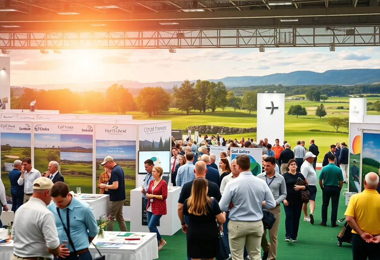 Attendees networking at a golf tourism convention with exhibitors in the background