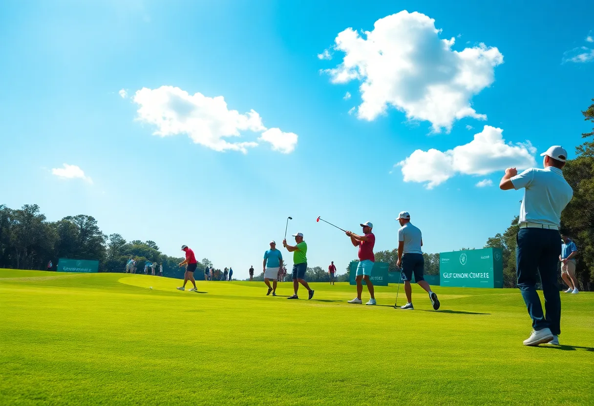 Golfers enjoying a golf course with banners from major tournaments in the background