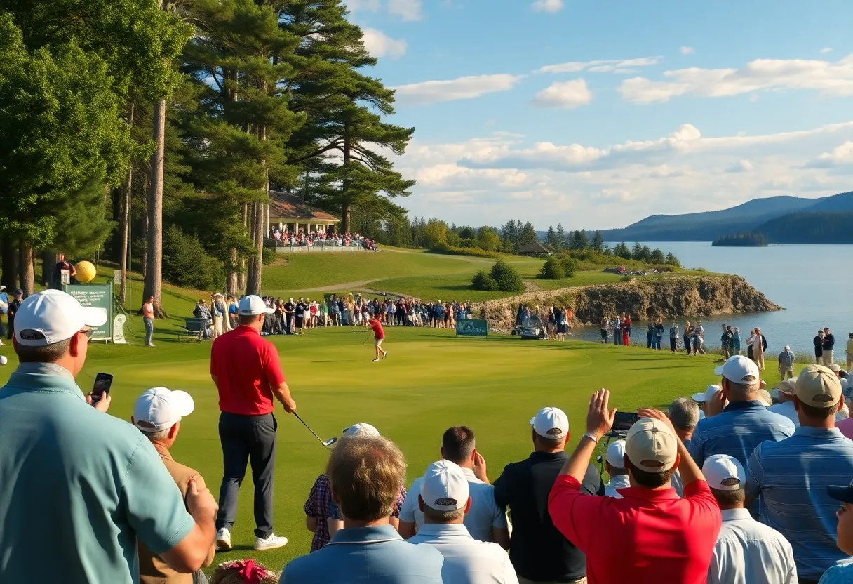 Vibrant atmosphere at a golf tournament with players and fans