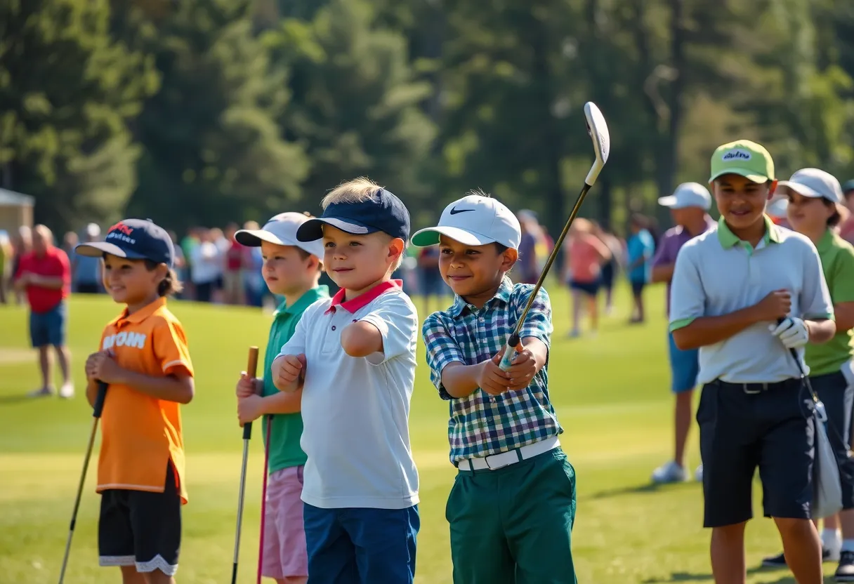 Young golfers competing in a tournament with spectators cheering in the background.