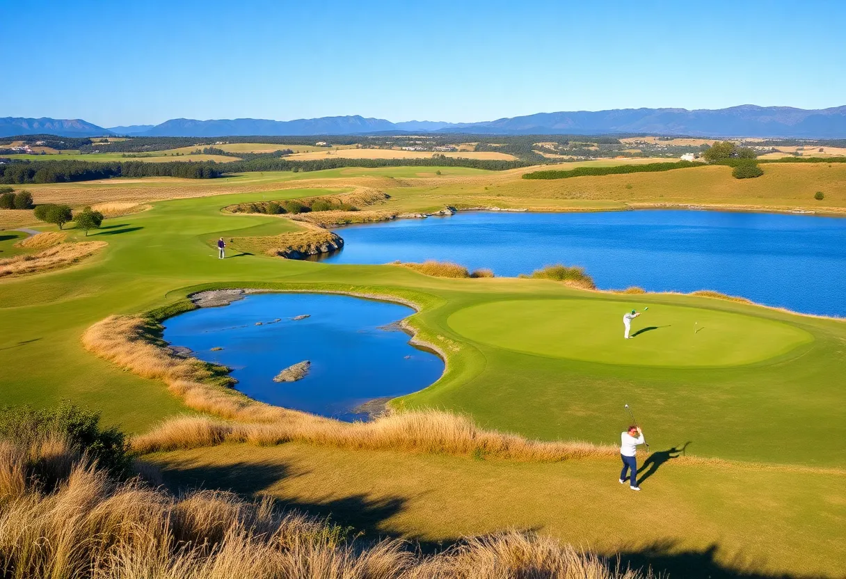 Golfers enjoying a budget-friendly vacation on a picturesque golf course.