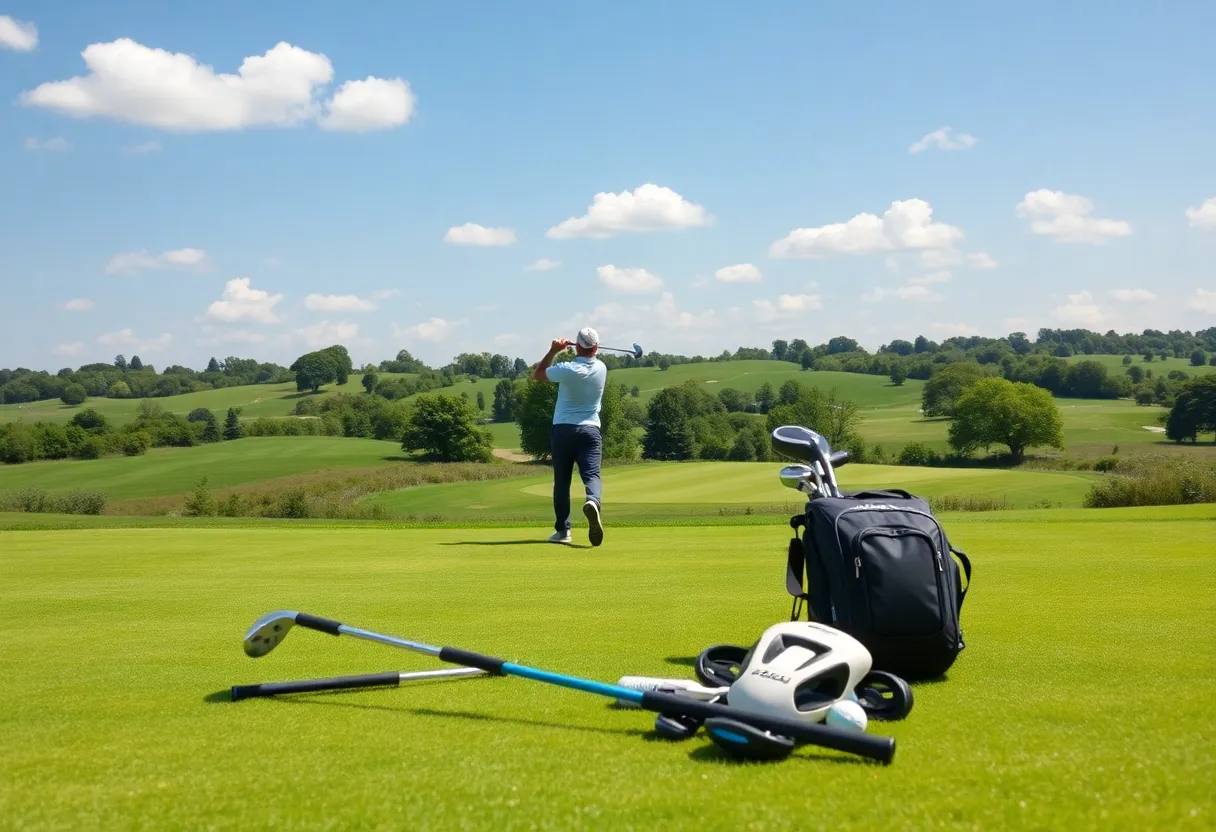 Golfer on a beautiful course with travel gear
