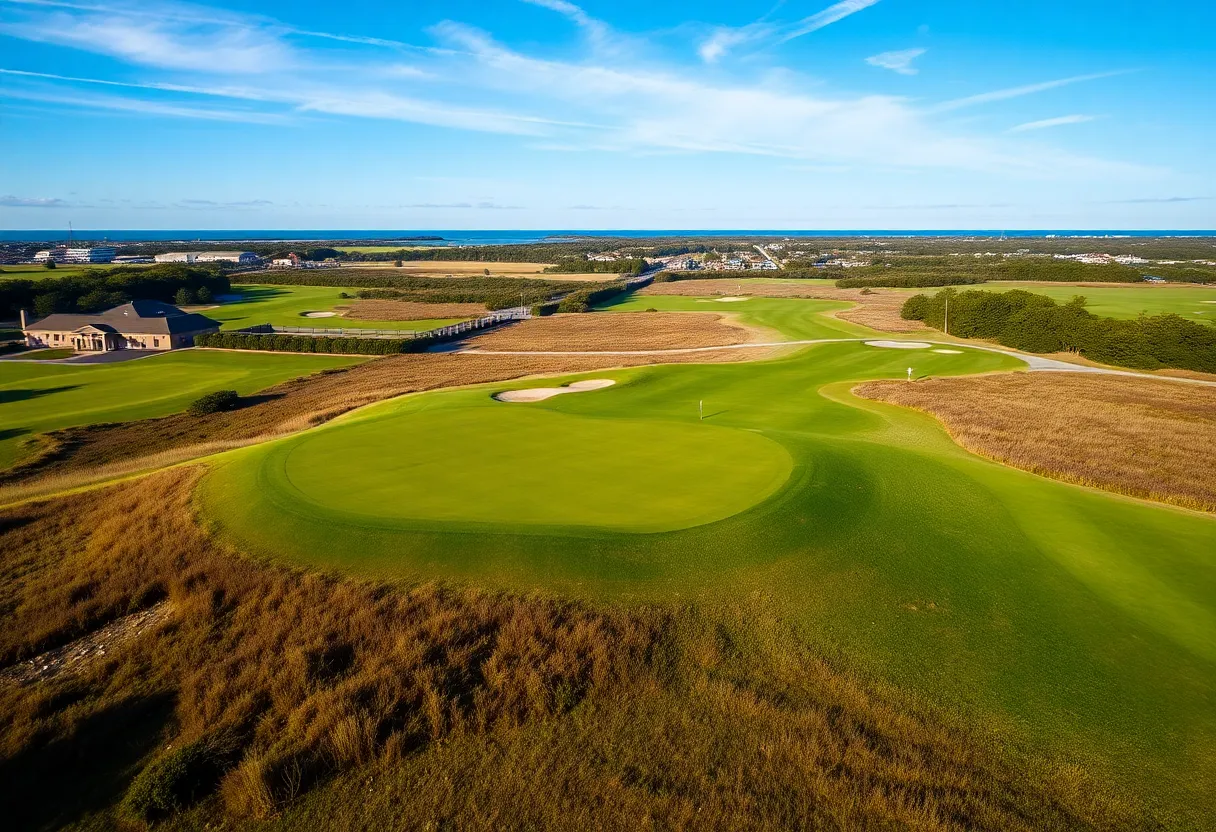 Scenic view of a golf course along the Grand Strand with rolling hills and green landscapes