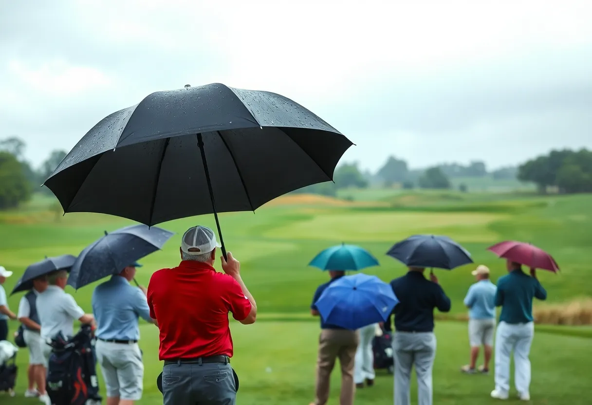 Golfers at the Houston Open in rainy conditions