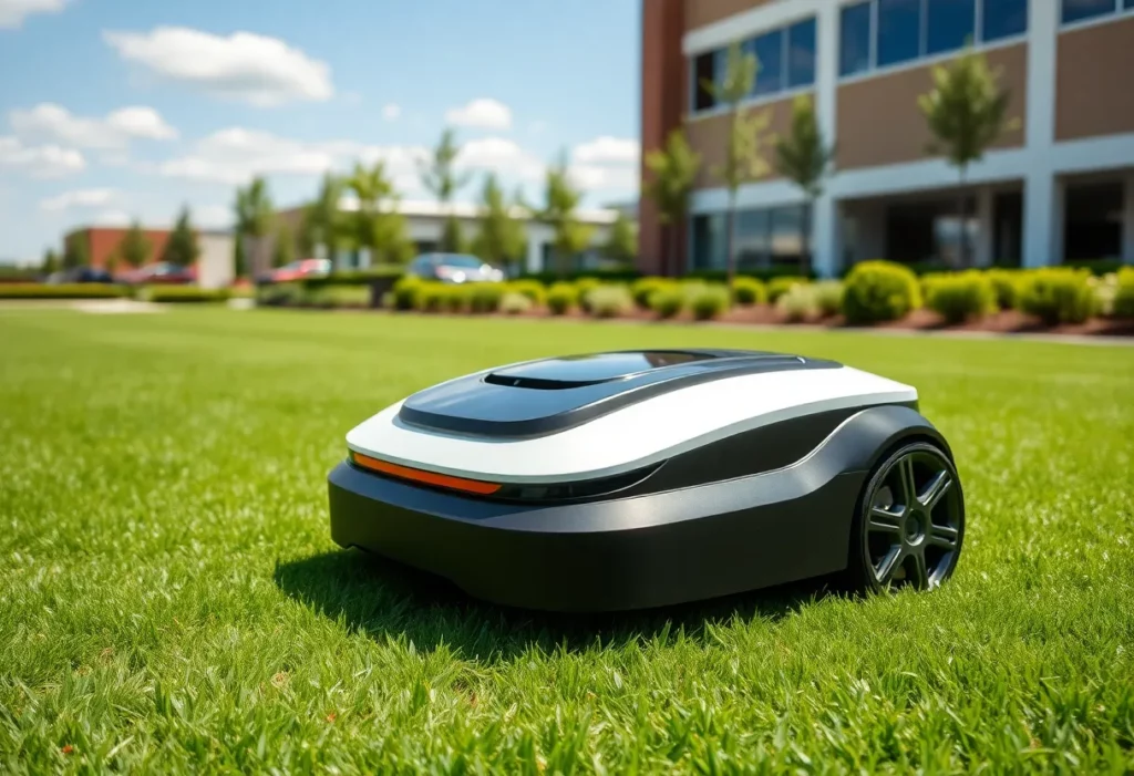 Husqvarna robotic lawn mower operating on a golf course